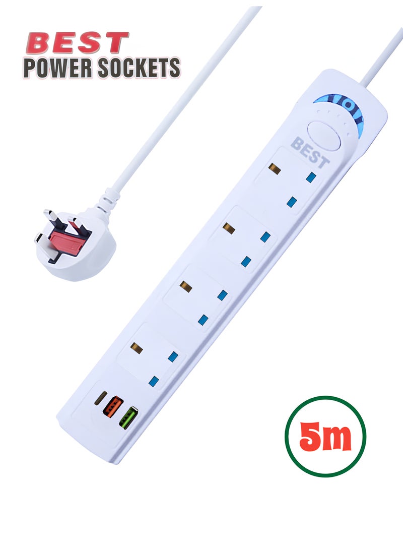 Best Power Socket with 4 AC Outlets, 2 USB & 1 Type-C | 5M Extension Cable with Surge Protection - Image 1